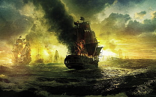 brown ship painting, sea, old ship, sailing ship, artwork
