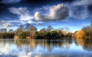 lake and trees, nature, water, sky, clouds HD wallpaper