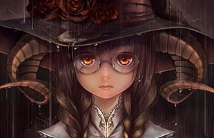 brown haired female anime with sun hat illustration