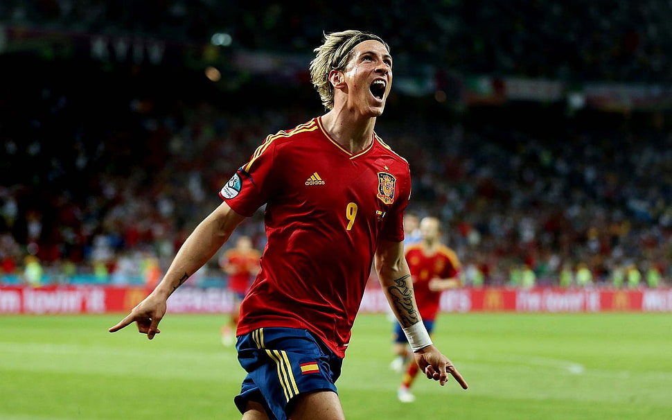 men's red and orange adidas 9 soccer jersey shirt, sports, Fernando Torres, soccer, Spain HD wallpaper