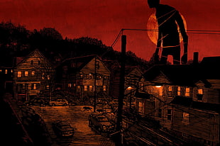 houses nighttime scenery illustration, giant, artwork