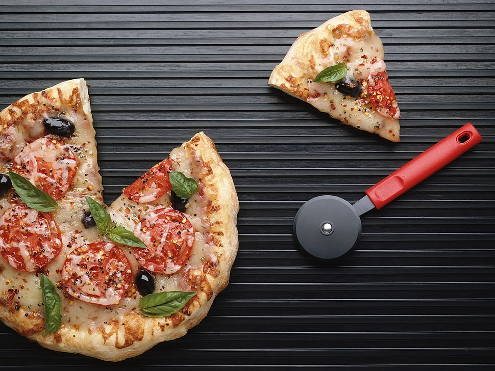 pepperoni pizza and red and black slicer HD wallpaper