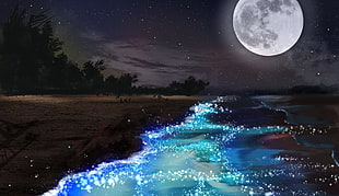 moon shining over body of water digital painting
