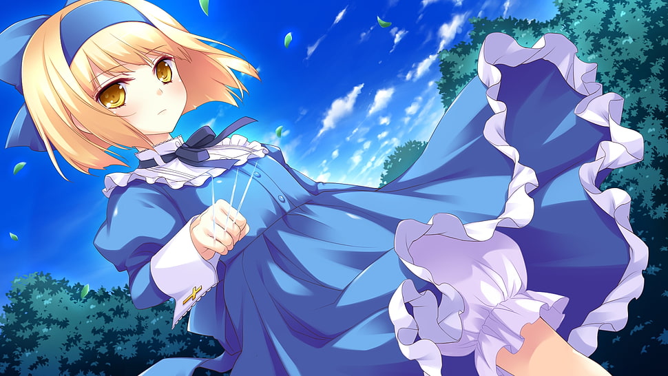 blonde girl in blue and white long-sleeved dress anime character 3D wallpaper HD wallpaper