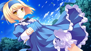 blonde girl in blue and white long-sleeved dress anime character 3D wallpaper