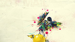 bird holding yellow ball painting, graphic design
