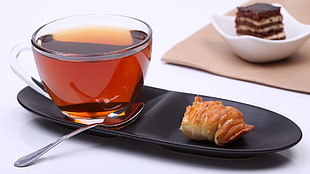 clear glass tea cup, food, drink