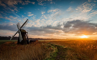 brown windmill, landscape, sunset, windmill, sky