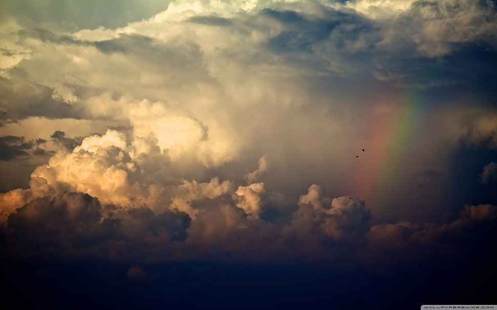 white and blue abstract painting, rainbows, clouds, sky HD wallpaper