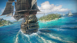 gray boat poster, video games, Skull & Bones, ship, pirates