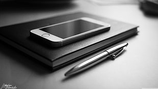 silver iPhone and ballpoint pen, iPhone, pens, notebooks