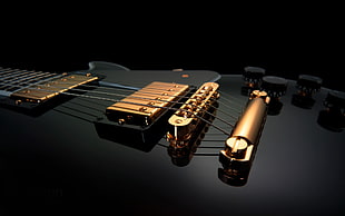 black electric guitar, guitar, electric guitar, closeup