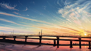 bridge painting, sunset, anime