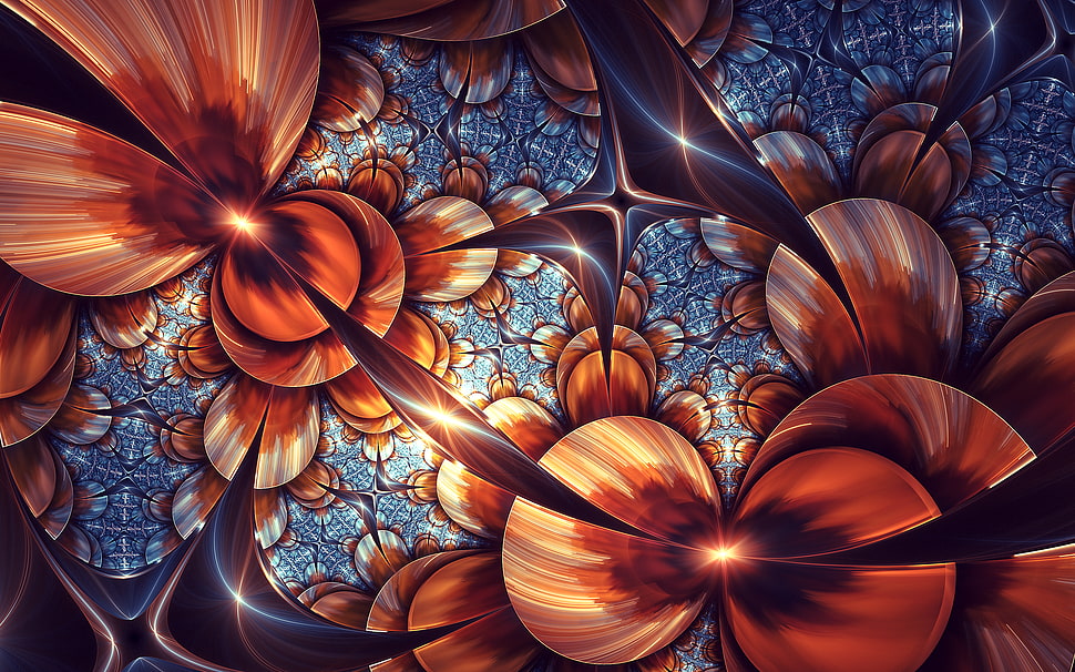 brown and blue floral digital wallpaper, fractal, abstract, digital art, artwork HD wallpaper