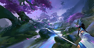 League of Legends wallpaper, Ninja, temple, cherry trees, samurai