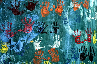 unframed hands painting, texture, wall, handprints