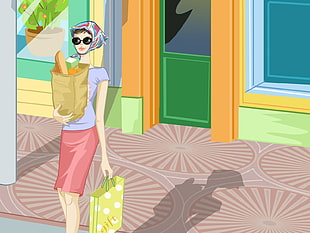 woman holding paper bag with bread illustration