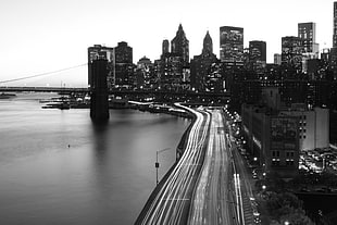timelapse photography of Brooklyn Bridge, New York City, bridge, sky, monochrome