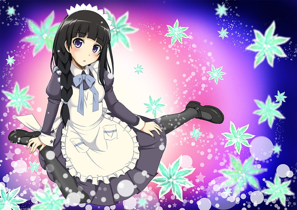 black haired female animated character with white apron HD wallpaper