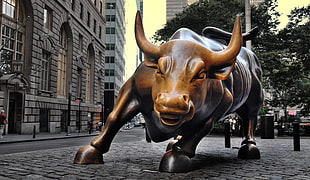 brown bull concrete statue under high rise building background HD wallpaper