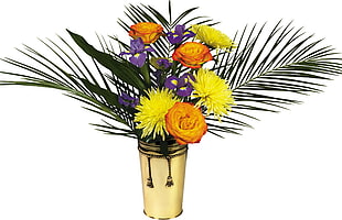 yellow, purple, and orange petaled flowers bouquet in white background