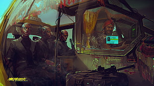 four man sitting inside helicopter digital wallpaper, cyberpunk, Cyberpunk 2077, cyborg, video games