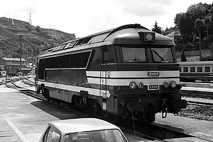 grayscale photo of train, train, France, SNCF, diesel locomotive
