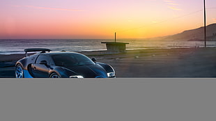 stock photography of black and blue Bugatti Veyron near body of water during orange sunset