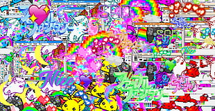 assorted text and character illustrations, LSD, Pikachu, unicorns, rainbows HD wallpaper