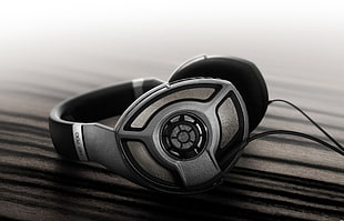 gray and black headphones, Sennheiser, headphones, music