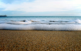 selective focus photography of sea wave onto the shore