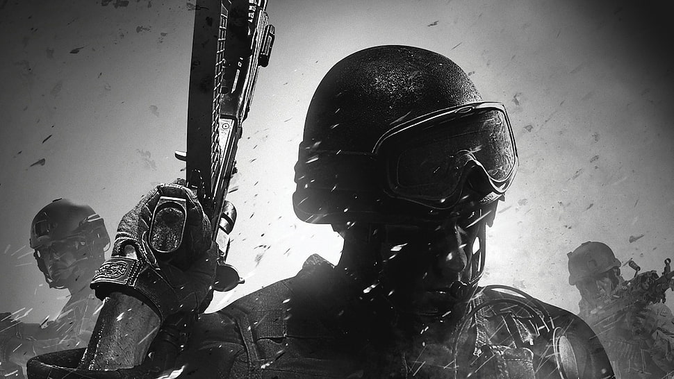 man holding gun digital wallpaper, video games, monochrome, weapon, artwork HD wallpaper