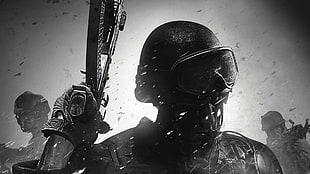 man holding gun digital wallpaper, video games, monochrome, weapon, artwork