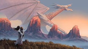 woman with child watching the white dragon digital wallpaper