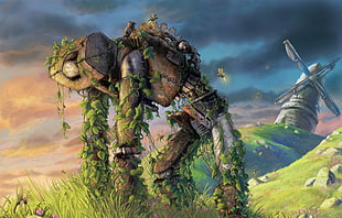 rusted brown robot illustration, robot, overgrown, apocalyptic