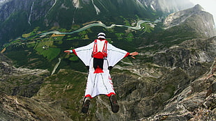 person in red and white suit paragliding, men, sport , sports, wingsuit HD wallpaper