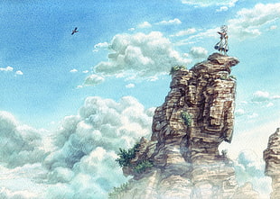 female character digital artwork, fantasy art, clouds, cliff