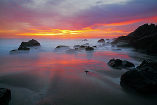 red and white sky on a foggy stone, betta, point dume HD wallpaper