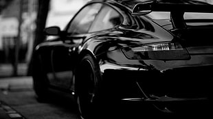 black coupe, vehicle, car, Porsche, monochrome