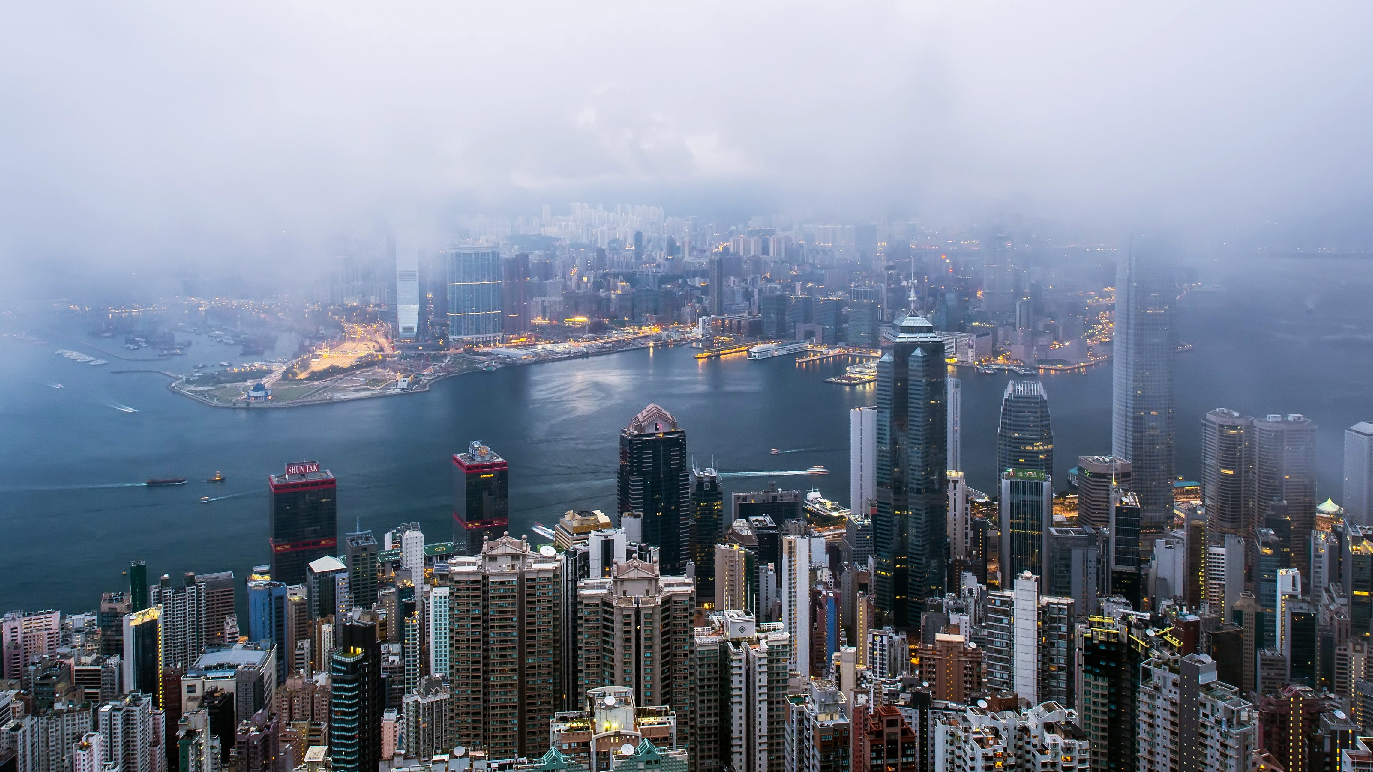 high-rise building, cityscape, mist, Hong Kong