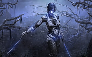 female holding purple sword digital wallpaper, science fiction, artwork, warrior