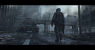 men's gray tactical vest and gray pants, apocalyptic, martial law, war, tank HD wallpaper