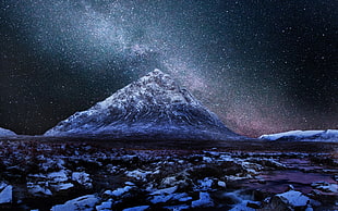 snow covered mountain, nebula, mountains, sky