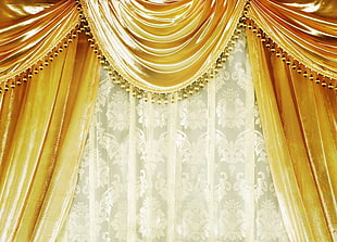 yellow and white curtain with valance HD wallpaper