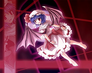 illustration of white and red dressed female anime character with wings