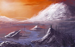 mountain and hills painting, fantasy art, power lines, mountains