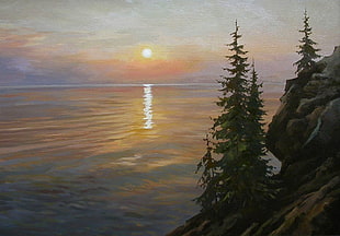 pine tree on mountain cliff painting, water, sunset, waves, classic art HD wallpaper