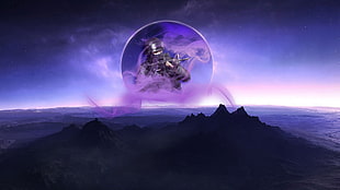 silhouette of mountain near body of water, Counter-Strike: Global Offensive, video games, purple, smoke HD wallpaper
