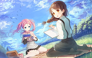 two female anime characters near forest under blue and white sunny sky during daytime