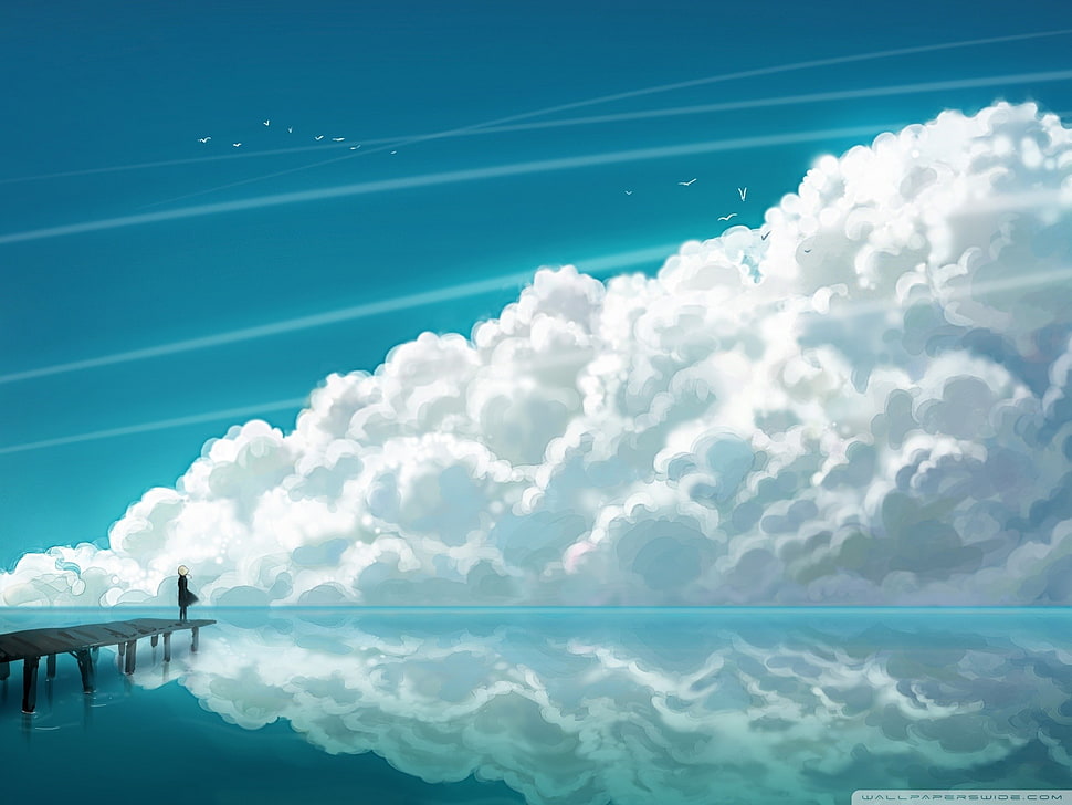 silhouette of person standing on dock in front of clouds, drawing, clouds HD wallpaper